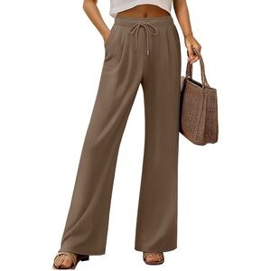 Taupe Coffee Brown Wide Leg High Waisted Drawstring Knit Sweatpants Track Pants